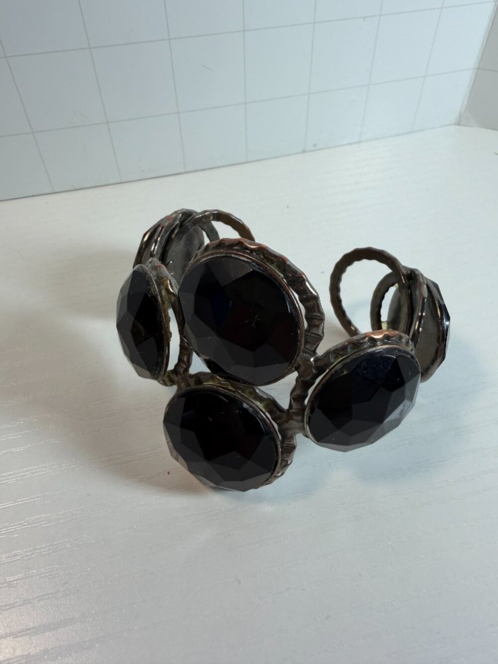 Silver Metal and Black Stone Cuff Bracelet